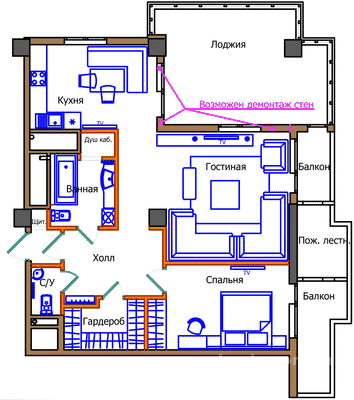 План 2-комнатной квартиры в ЖК Евроград - г. Донецк